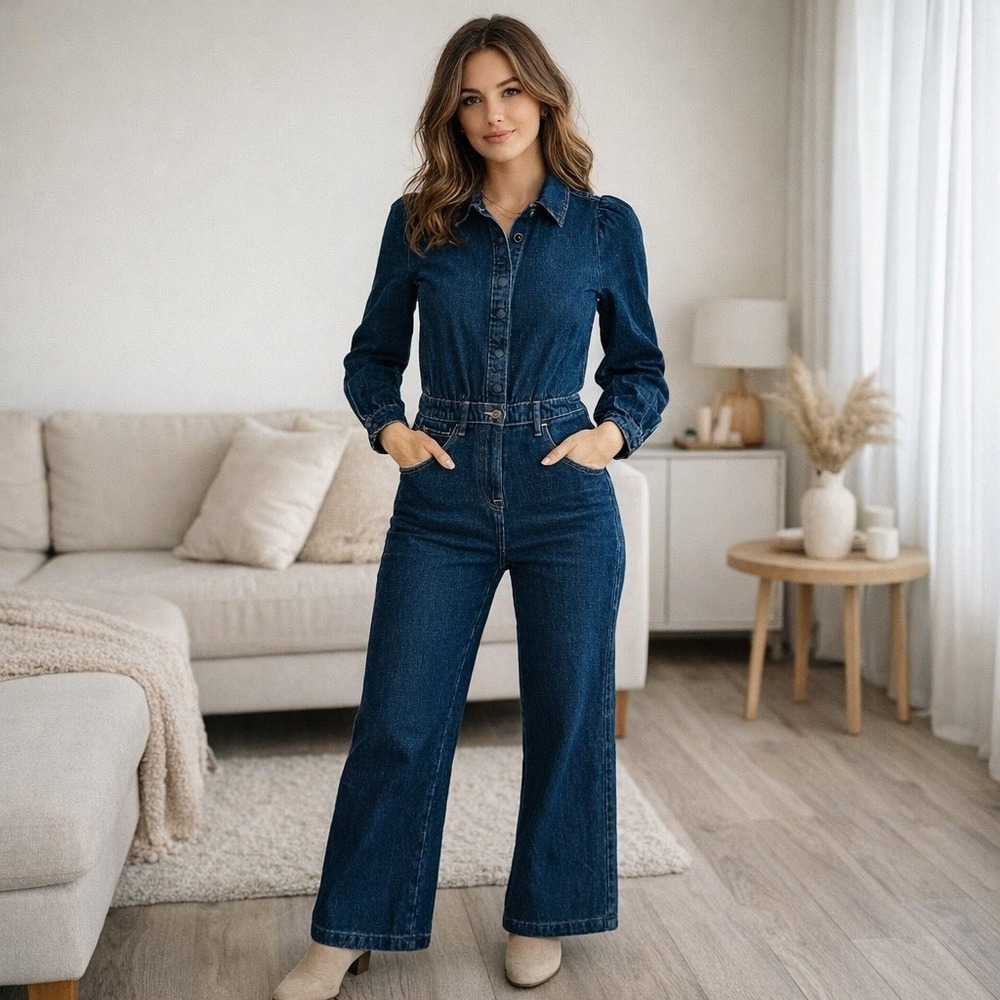 7 For All Mankind Denim Lustre Jumpsuit Womens Small Poppy Dark Wash Wide Leg